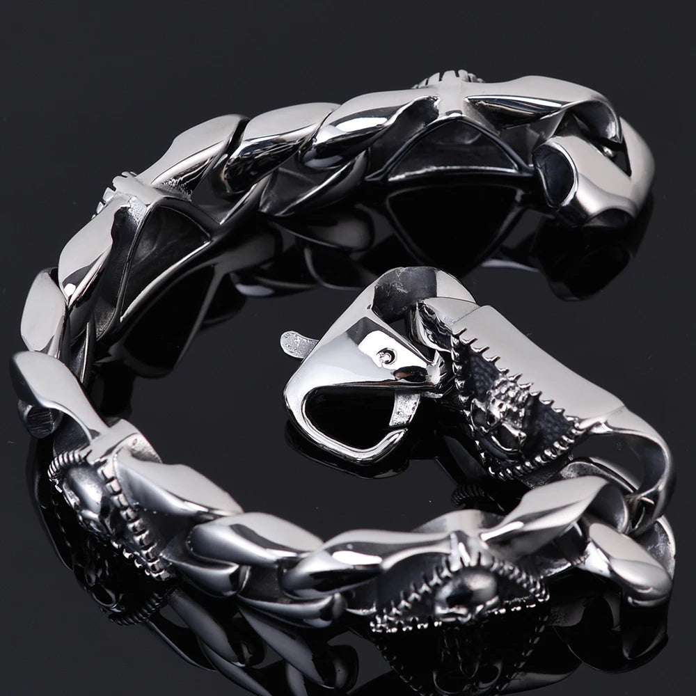 Punk Rock Gothic Men's Bracelets Skull Head Cuban Chain Bracelet For Men Big Size 23CM 9" Stainless Steel Hand Jewelry