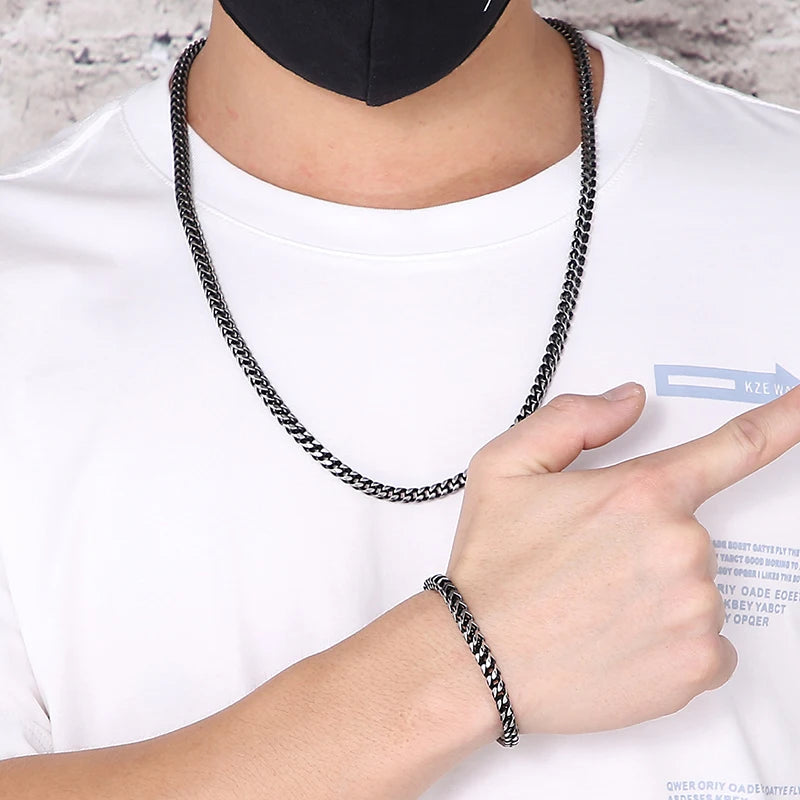 Matte Stainless Steel Men's On Hand Link Chain Bracelet 4/6MM Thick Handles for Men 68CM Long Male Necklace Choker
