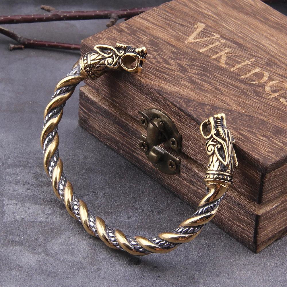 Gray Color Stainless Steel Nordic Viking Norse Dragon Bracelet Men Wristband Cuff Bracelets with Viking Wooden Box