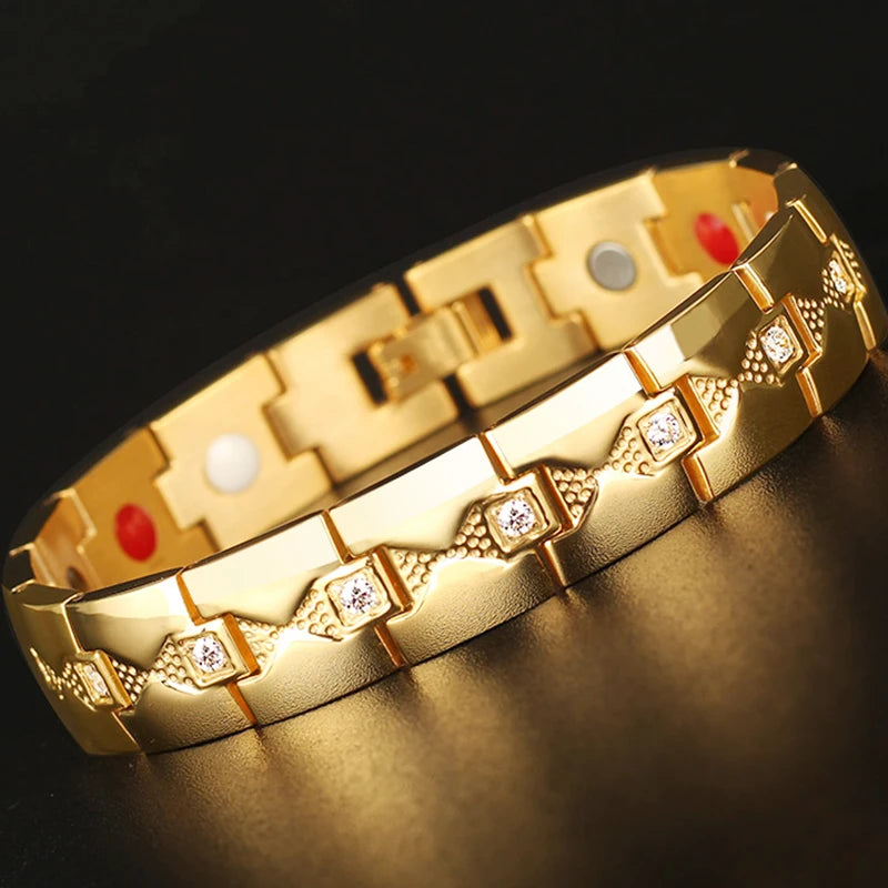 Gold Color Stainless Steel 4 In 1 Magnetic Therapy Bracelet for Man Arthritis Pain Relief and Carpal Tunnel Men's Boys