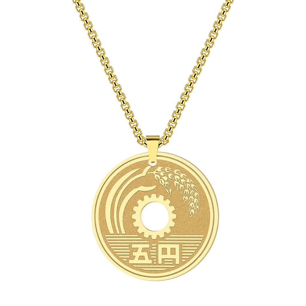CHENGXUN Lucky Japanese Coin Necklace Mens Womens 5 Yen Coin Pendant Necklace Vintage Stainless Steel Good Luck Jewelry Gift