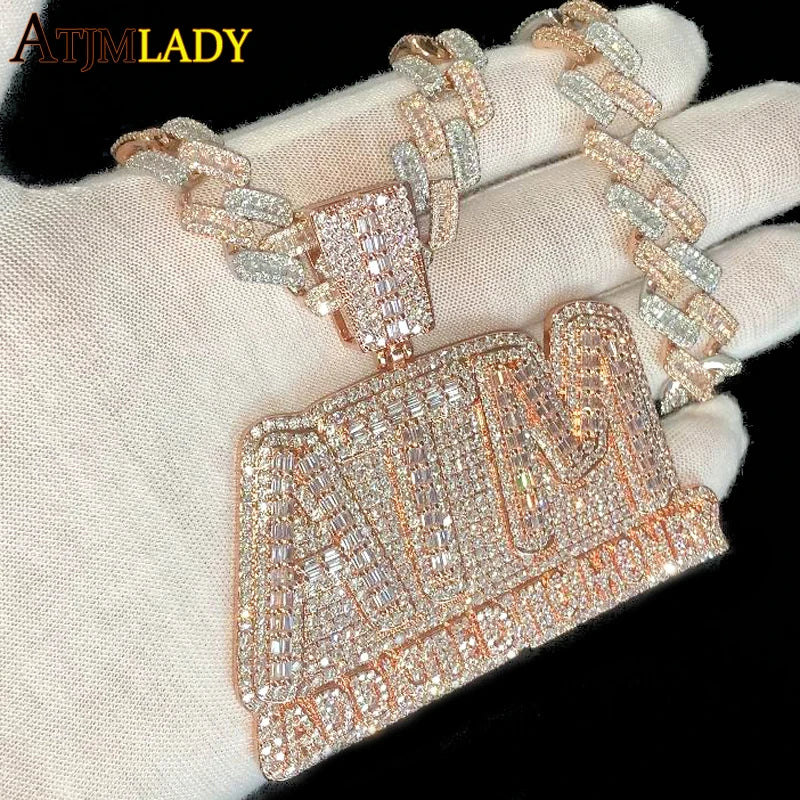 Iced Out Bling 5A CZ Letters ATM Addicted To Money Pendant Necklace 2 Colors Cubicz Zircon Men's HipHop 5mm Tennis Chain Jewelry