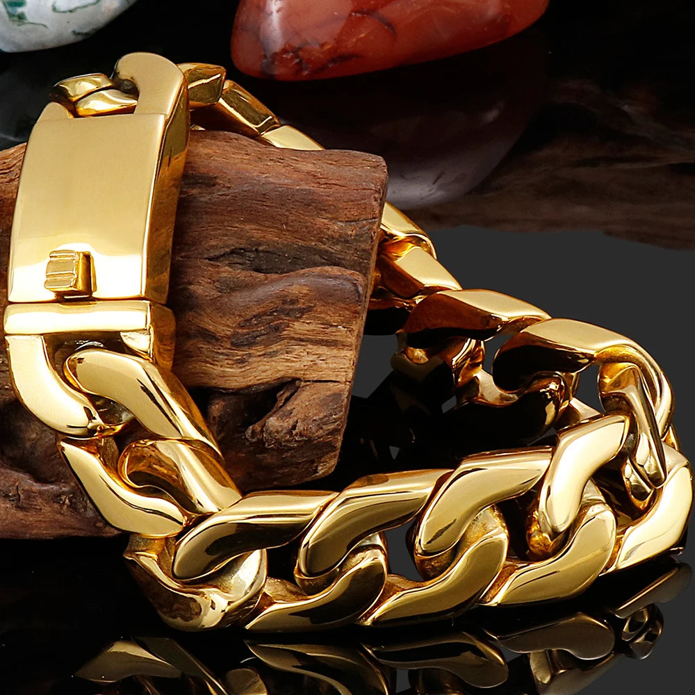 Polished Gold Color Bracelet For Man In Stainless Steel Mannen Armband Boys Hand Bracelets Massive Men's Jewelry