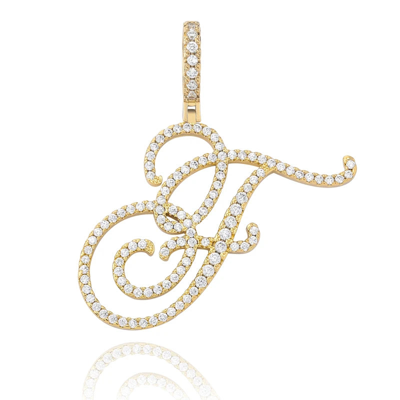 TOPGRILLZ New A-Z Cursive Letters Name Pendant&Necklace Iced Out Cubic Zircon Gold Silver Color Charm  Hip Hop Jewelry
