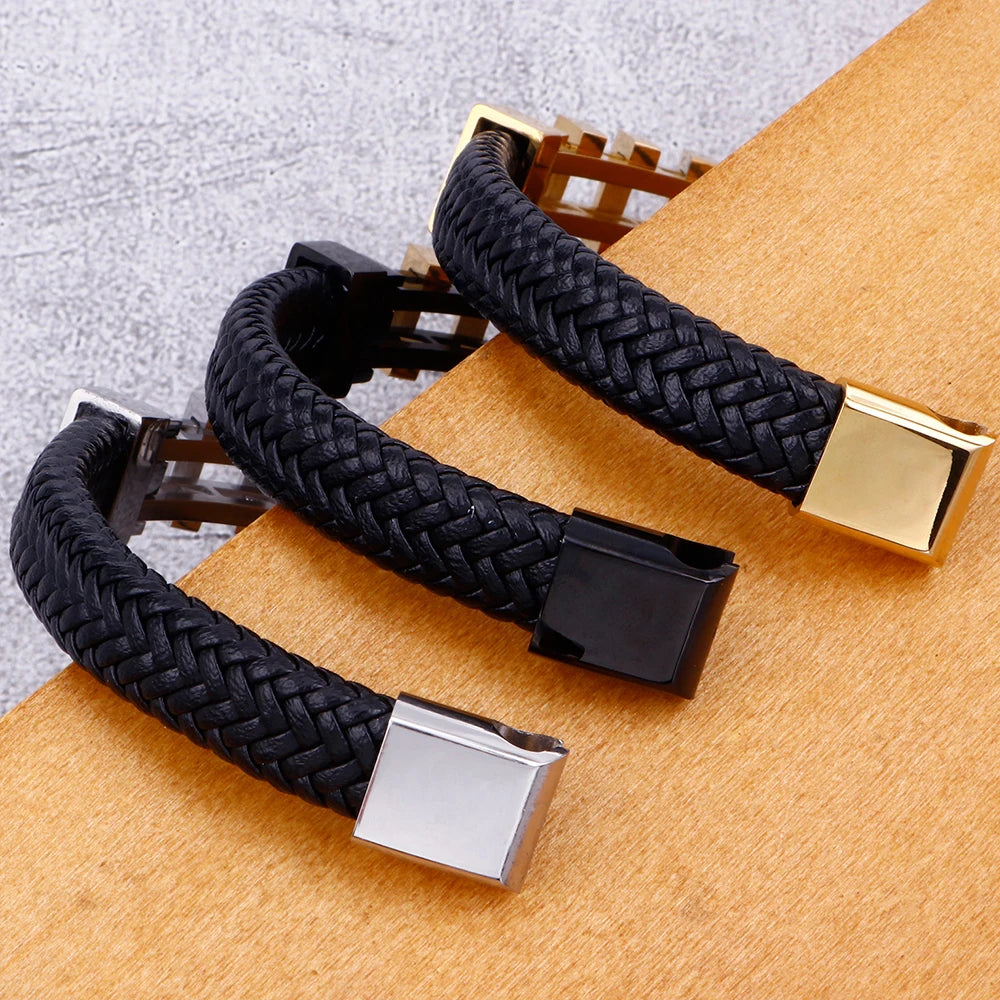 Rope Chain Wrap Leather Bracelet for Man Polished Stainless Steel Men's Charm Bracelets Handmade Male Jewelry Wrist On