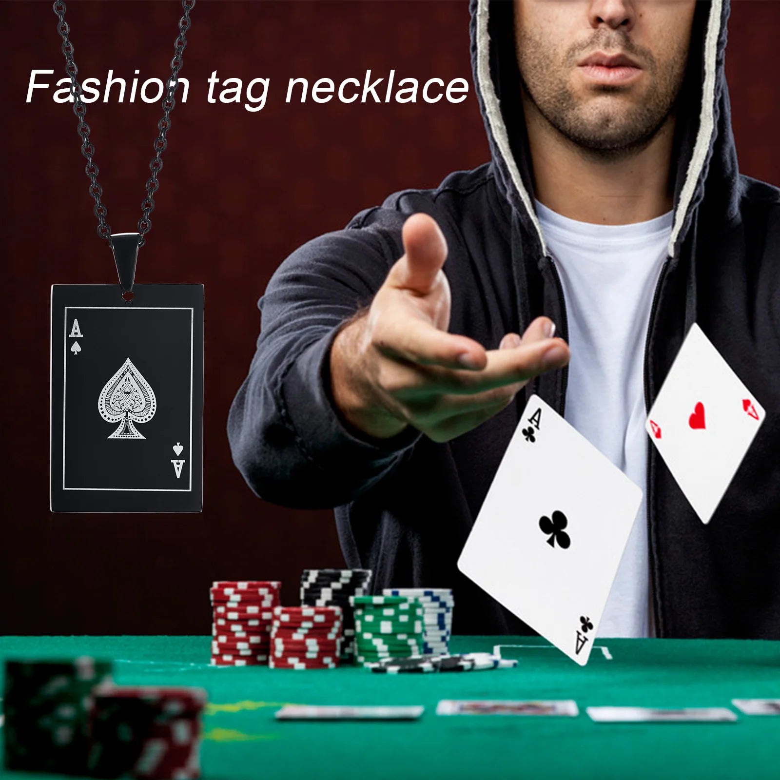 Vnox Lucky Ace of Spades Men Necklaces Jewelry,Stainless Steel Poker A Pendant,Rock Punk Casino Good Fortune Collar