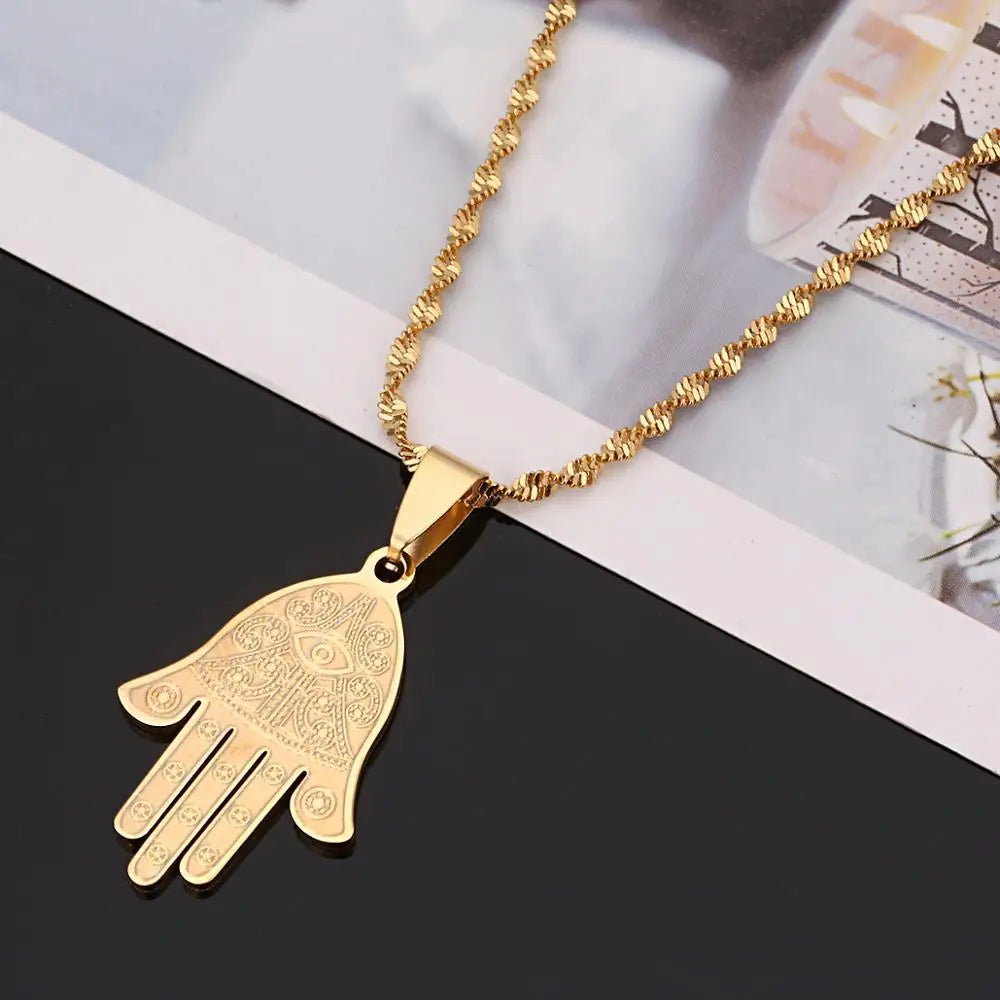 Stainless Steel Egyptian Eye of Good Luck Fatima Hamsa Hand Pendant Necklace Hand Palm Jewelry