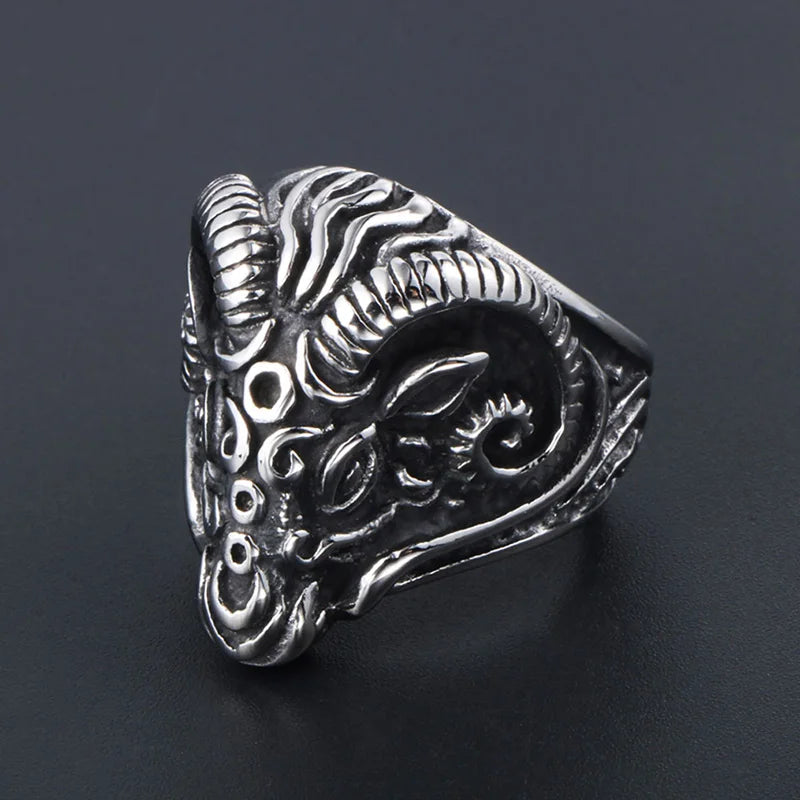 Vintage Gothic Sheep Goat Head Ring for Men Cool Heavy Metal Animal Stainless Steel Ring Fashion Male Punk Biker Rings Jewelry
