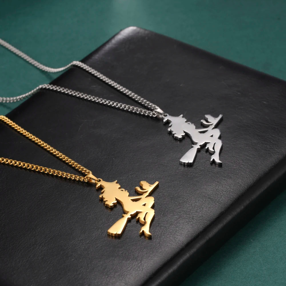 Witch Cat Broom Pendant Necklace — Stainless Steel