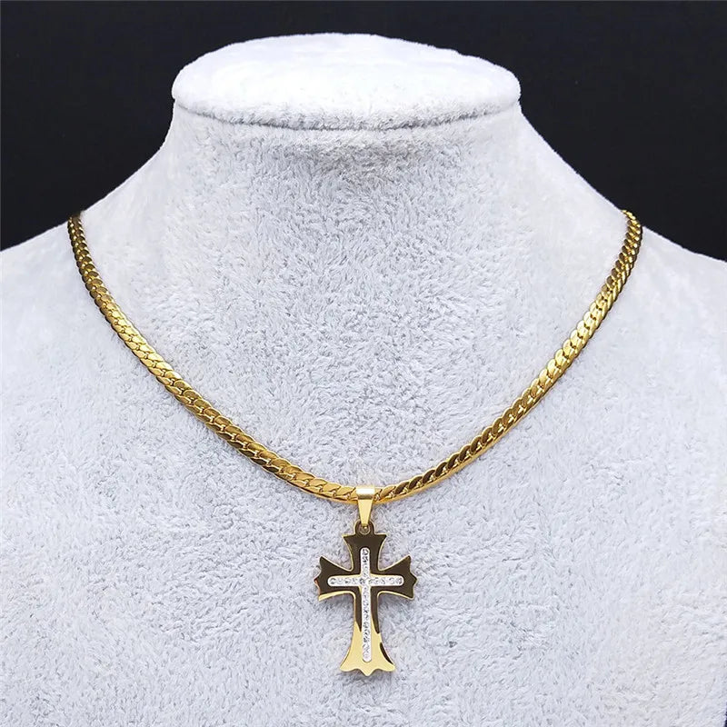 Cross Gold Pendant Crystal Catholic Collar Choker
