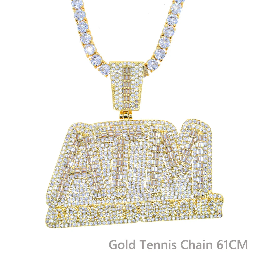 Iced Out Bling Letters ATM Addicted To Money Pendant Necklaces Gold Color AAA Zircon 5mm Tennis Chain Men's Hip Hop