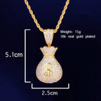 Men's Dollar Bag Pendant Necklace Gold Color Bling Cubic Zircon Hip Hop Rock Jewelry