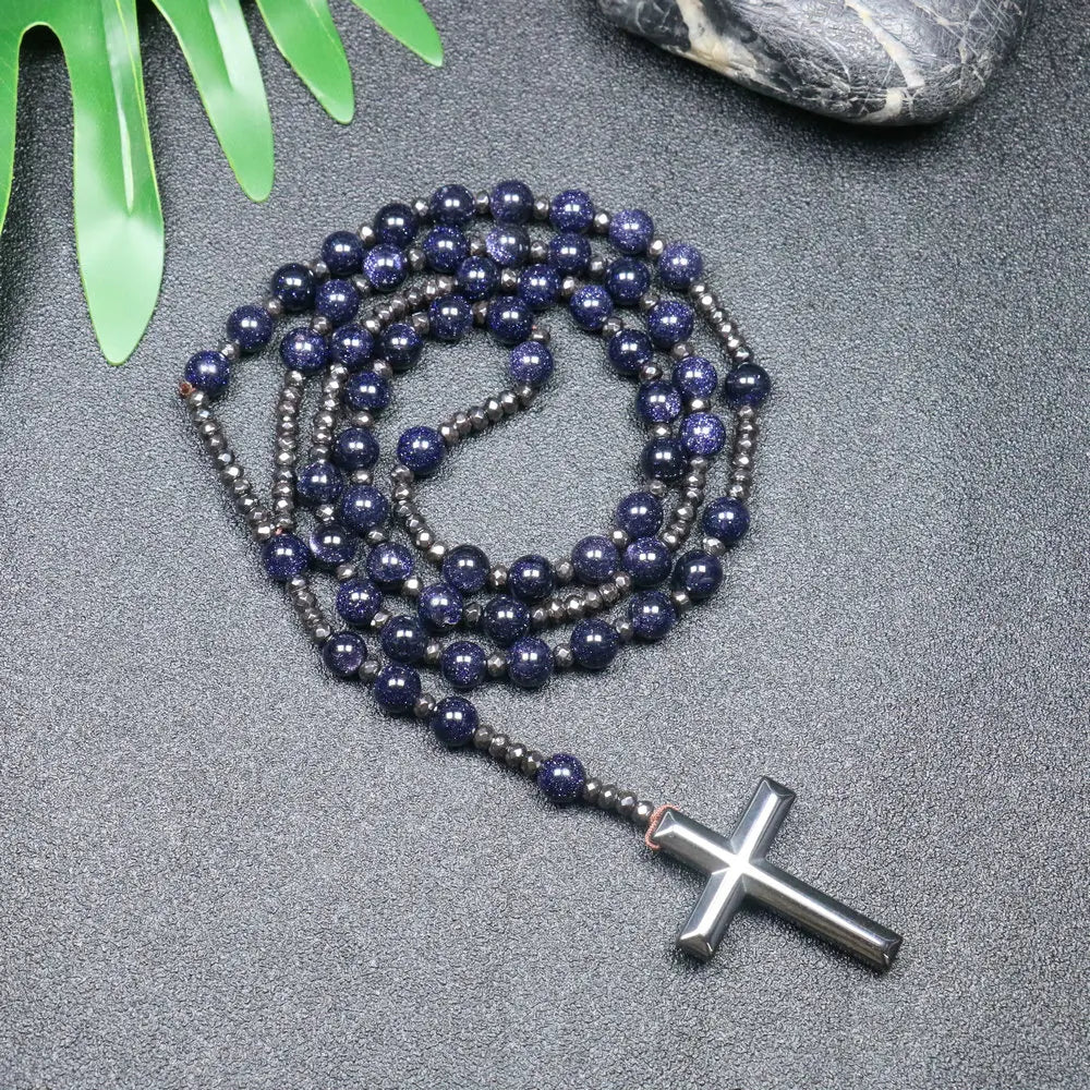 Rosary Necklace For Men Women 8mm Tiger Eye Black Obsidian Beads Necklace Christ Buddhist Meditation Cross Necklace Jewelry