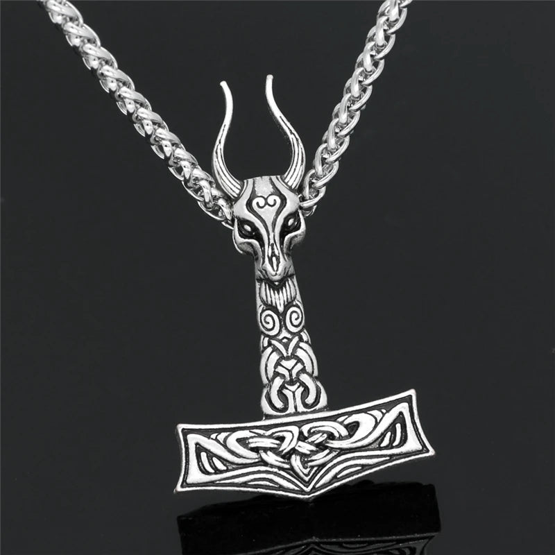 Viking Thor Hammer Ram Head Pendant Necklace — Silver-Tone