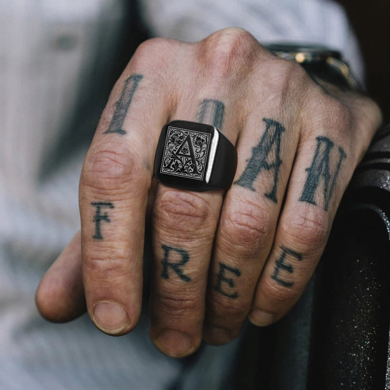 Monogram Black Signet Ring — Stainless Steel