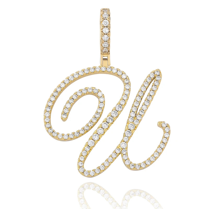 TOPGRILLZ New A-Z Cursive Letters Name Pendant&Necklace Iced Out Cubic Zircon Gold Silver Color Charm  Hip Hop Jewelry