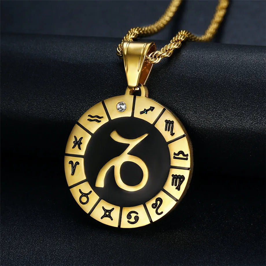 Zodiac Sign Leo Scorpio Pendant Gold Color Stainless Steel 12 Constellations Round Necklace for Women Men Jewelry Birthday Gifts
