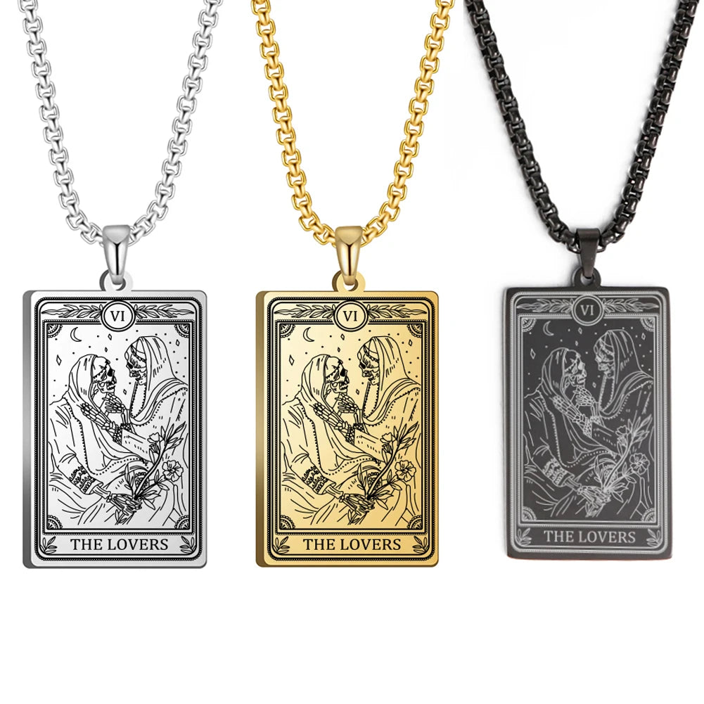 Dawapara Skeleton Tarot Necklace Amulet Marigold Tarot Card Major Arcana Necklaces Halloween Gift Stainless Steel