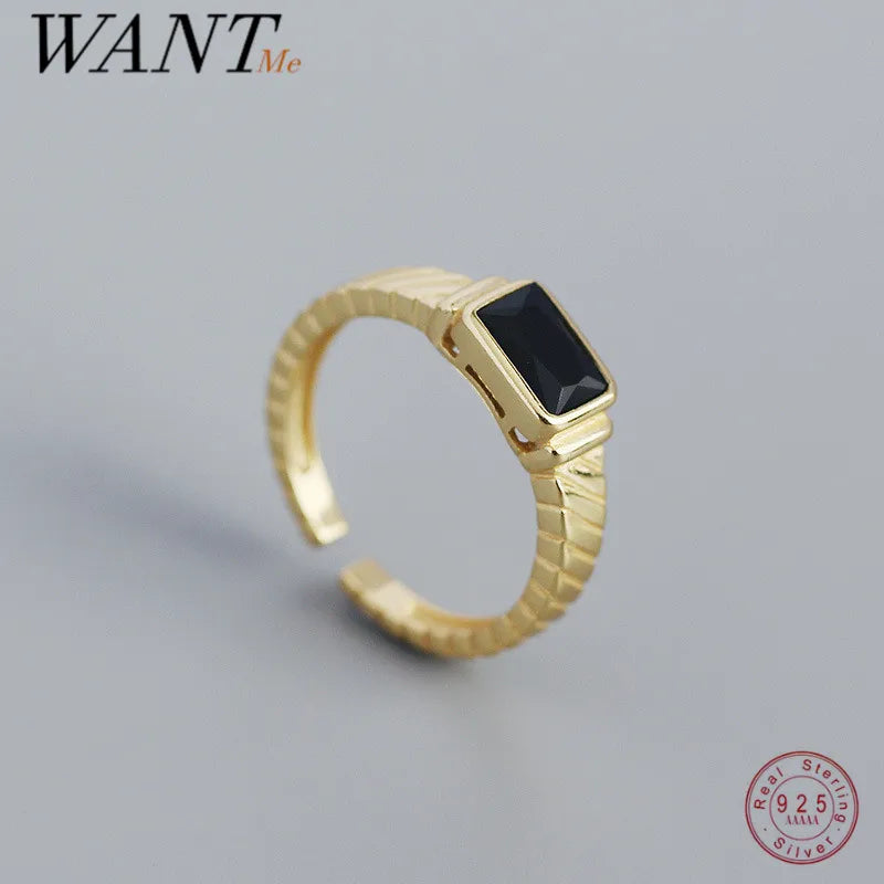 WANTME Silver Men Ring Punk Black Square 925 Sterling Silver Gothic Adjustable Rings for Women Simple Fine Hip Hop