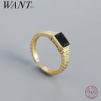 WANTME Silver Men Ring Punk Black Square 925 Sterling Silver Gothic Adjustable Rings for Women Simple Fine Hip Hop