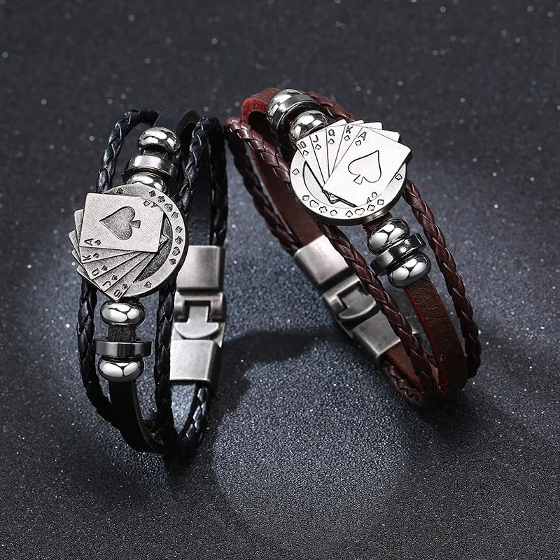 POKER BROWN LEATHER CUFF BRACELET MEN'S MULTILAYER WRAP WRISTBAND FRIENDSHIP VINTAGE BIKER PLAYING CARD POKER BANGLE