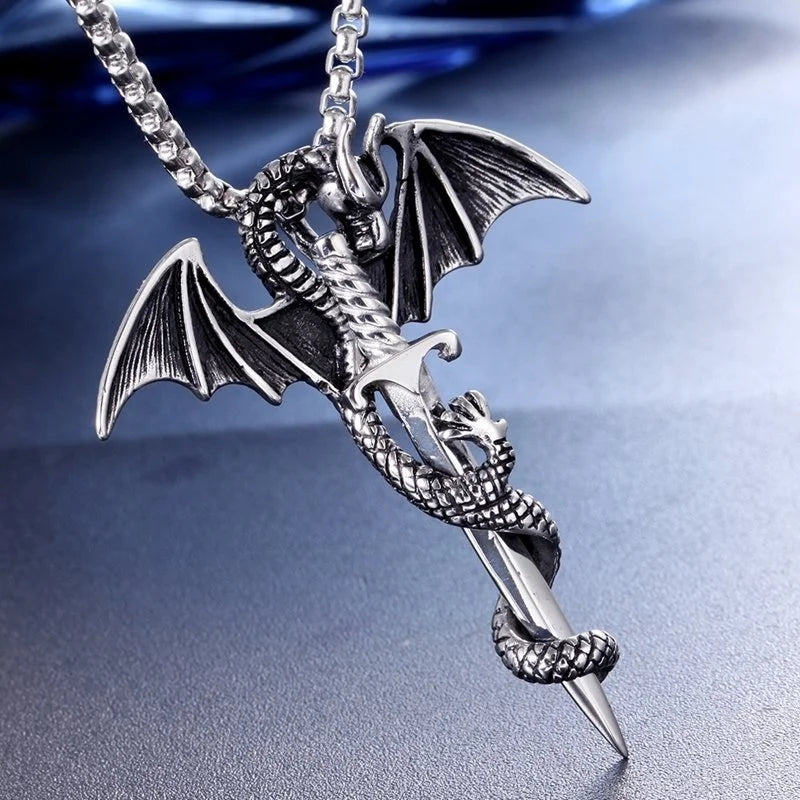 Retro Pterodactyl Holy Sword Shape Pendant Necklace for Men Fashion Dragon Pendant Chains On The Neck Metal Accessories