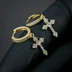 Iced Out Cross Drop Huggie Hoop Earrings with CZ Crystal