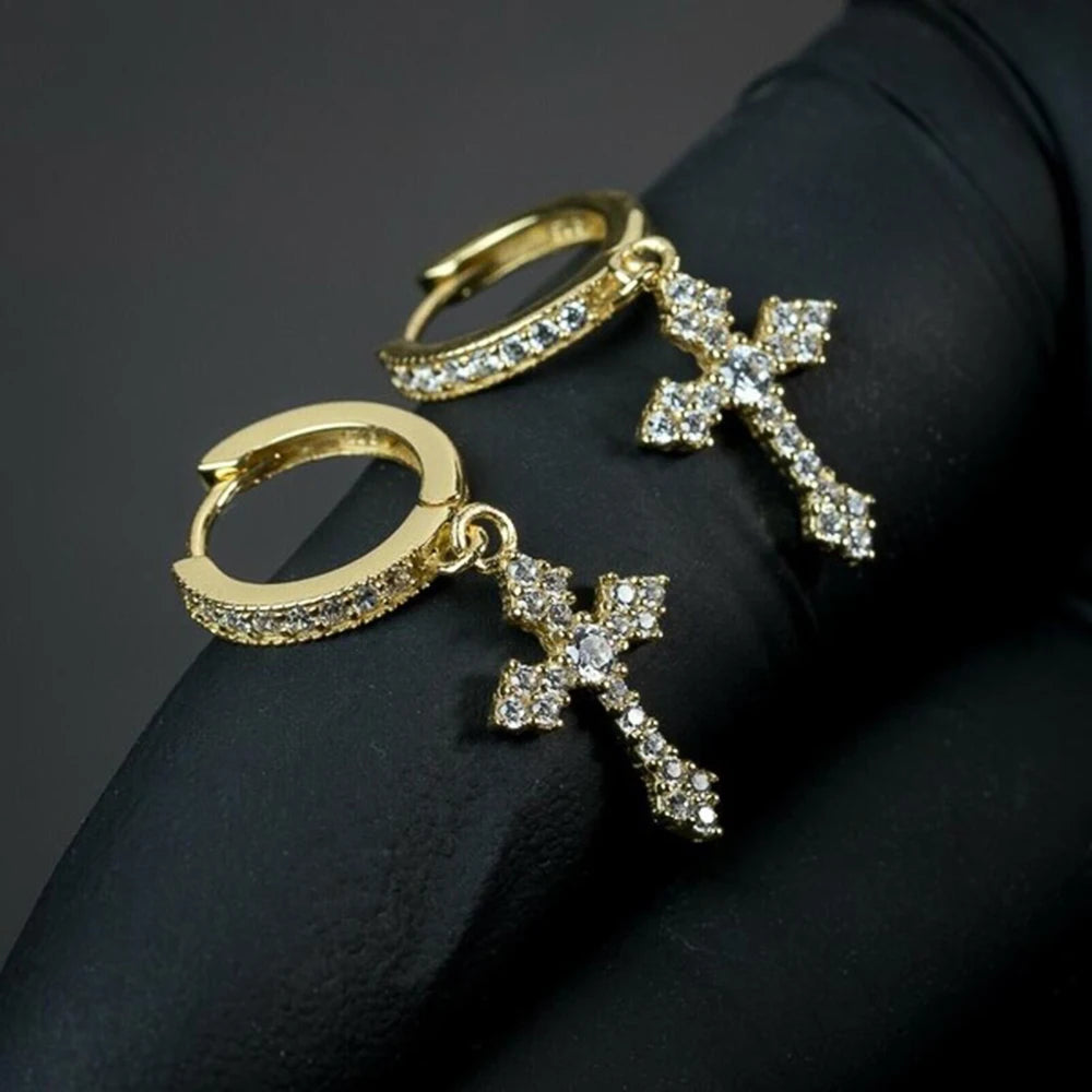 Iced Out Cross Drop Huggie Hoop Earrings with CZ Crystal