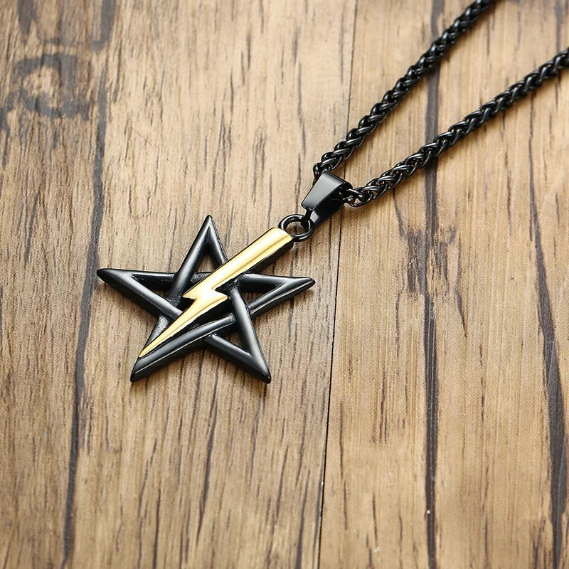 PENTAGRAM WITH LIGHTNING BOLT PENDANT SATANIC SYMBOL STAINLESS STEEL ANTON LAVEY SIGIL NECKLACE AMULET TALISMAN SIGN