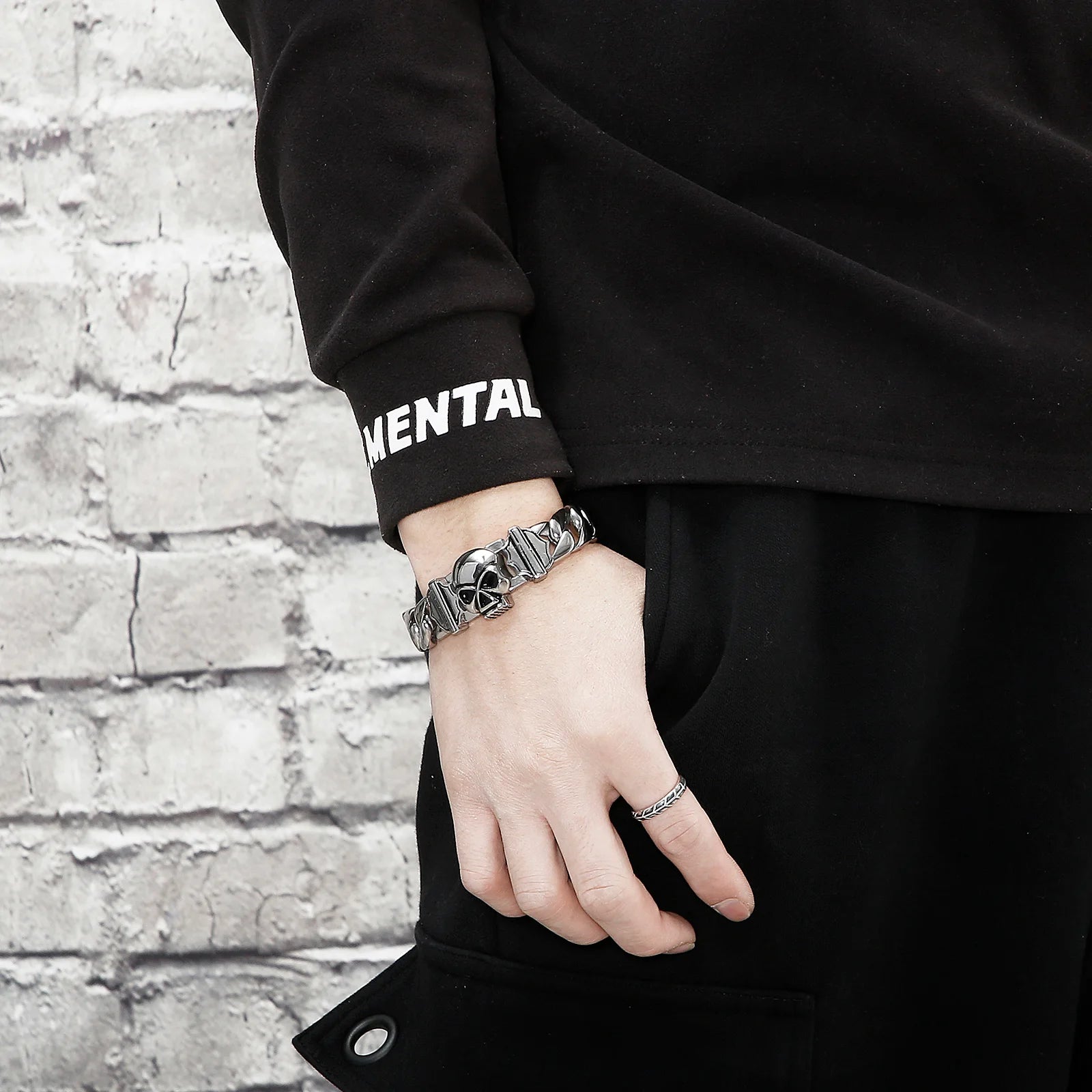 Fongten 22cm Skull Cuban Chain Bracelets For Men Stainless Steel Skeleton Curb Men Bangle Bracelet Gothic Jewelry Christmas