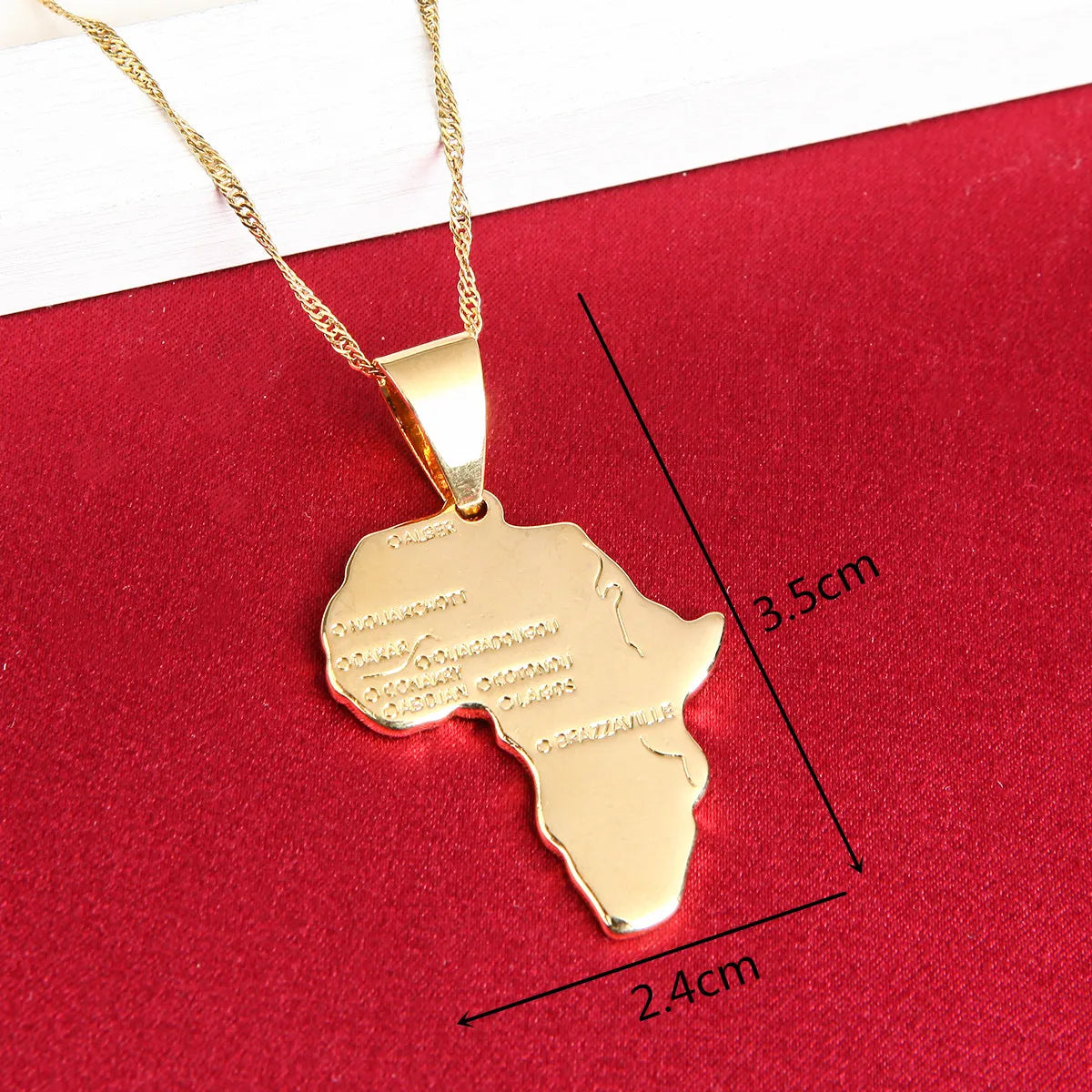 African Map Pendant Necklace — Gold-Tone, Engraved City Names