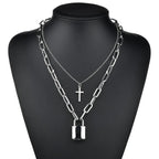 Silver-Tone Layered Lock Chain Choker Necklace