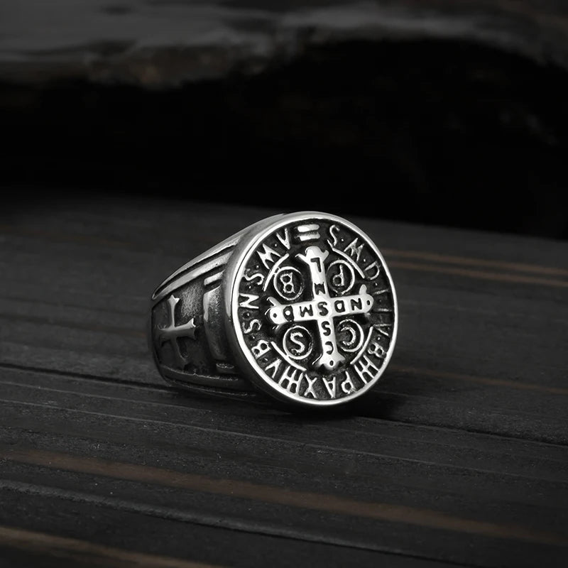 Saint Benedict Cross Men Rings Punk Hip Hop for Boyfriend Male Stainless Steel Jewelry Creativity Gift Wholesale