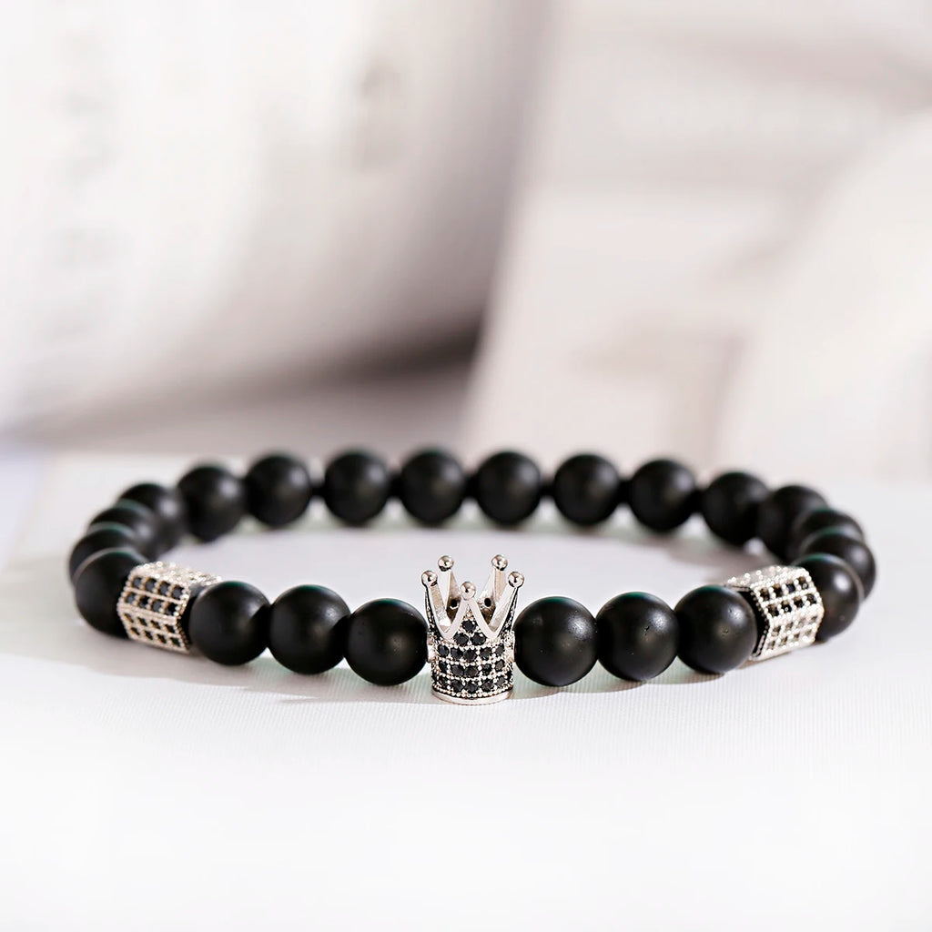 Luxury Men Stone Beads Skull Erkek Bileklik Bracelet Set Black CZ Crown Copper Bracelets For Women Pulseras Mujer