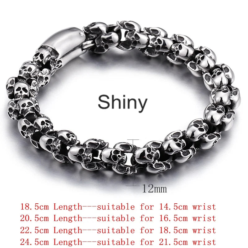 12/15mm Evil Ghost Head Skull Chain Bracelet Men 316L Stainless Steel Punk Shiny Matte Biker Rock Demon Jewelry