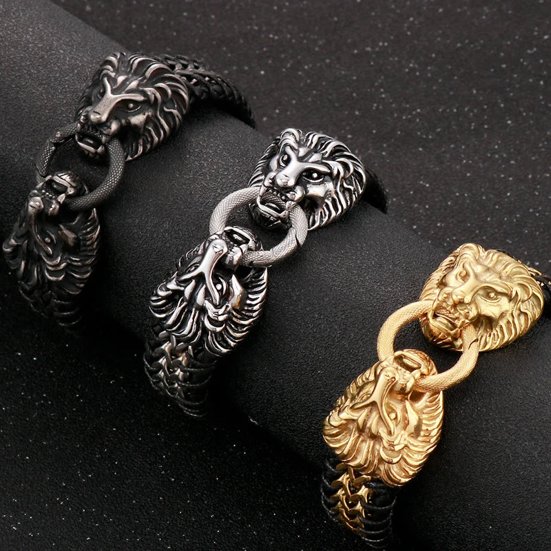 Viking Jewelry Stainless Steel Lion Head Charm Bracelet for Man Cowhide Leather Homme Armbanden Cool Punk Men's Cuff