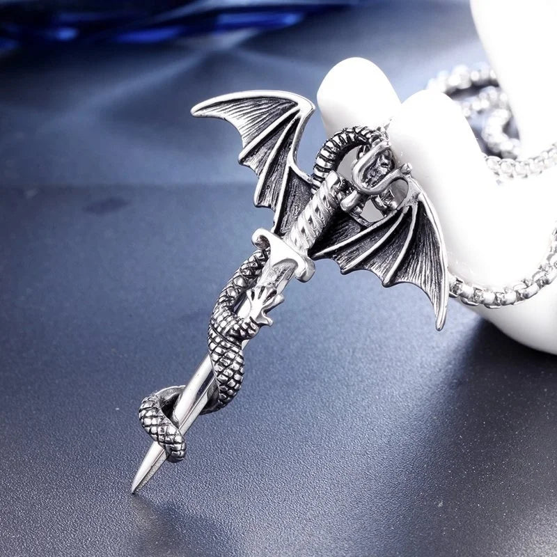Retro Pterodactyl Holy Sword Shape Pendant Necklace for Men Fashion Dragon Pendant Chains On The Neck Metal Accessories
