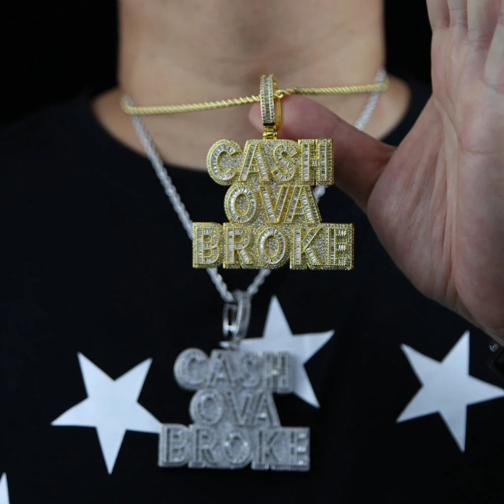 New Cash Ova Broke Pendant Necklace Hiphop Rock Iced Out Bling 5A Zircon Silver Color Cz Tennis Chain Letter Charm Men
