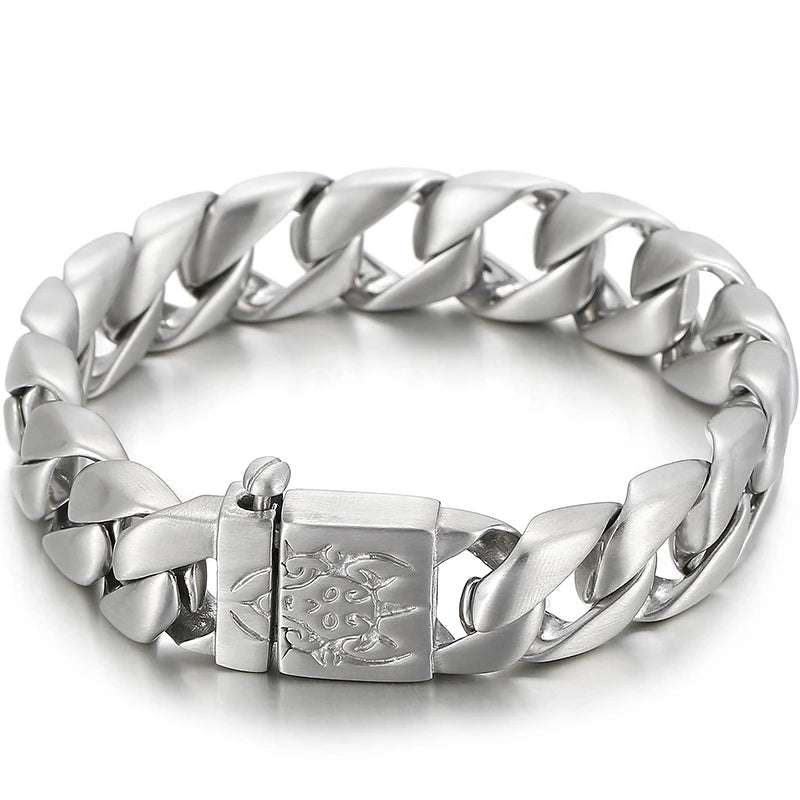 Matte Stainless Steel Men's Wrist Bracelet for Man 15MM Wide Iron On Hand Chain Bracelets Homme Bangle Bikers Jewelry