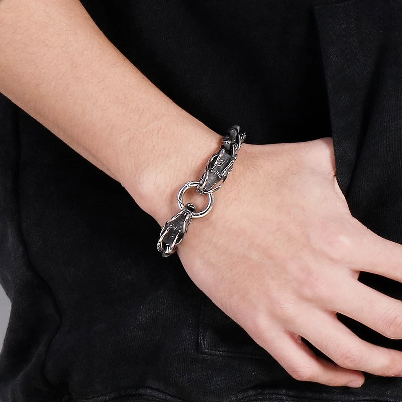 Vintage Chain Link Man Bracelet With Double Dragon Heads Solid Stainless Steel Friendship Men's Bracelets Old Metal
