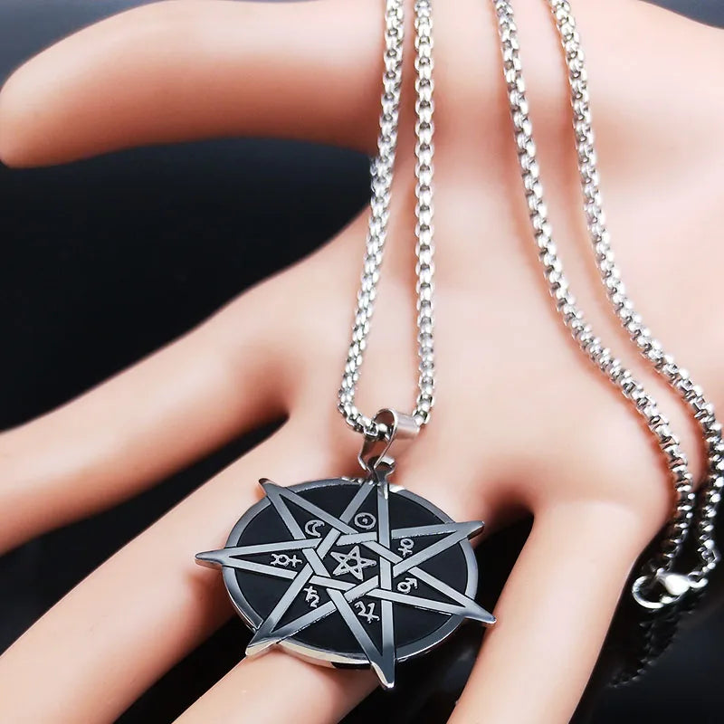 Seven-Pointed Star Heptagram Pendant Necklace — Steel