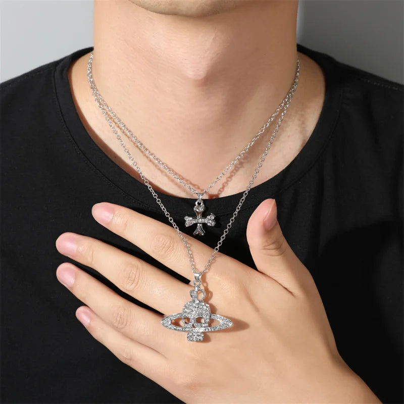 Gothic Halloween Necklace Inlaid Rhinestone Skull Saturn Pendant Double Chain Necklace Trend Men's and Women's Jewelry