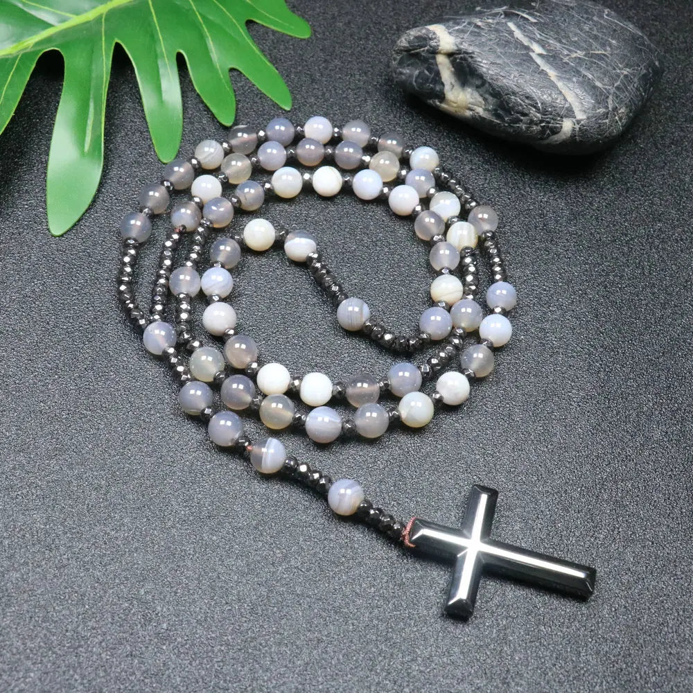 Rosary Necklace For Men Women 8mm Tiger Eye Black Obsidian Beads Necklace Christ Buddhist Meditation Cross Necklace Jewelry