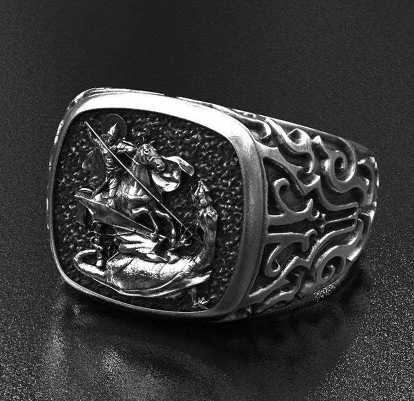 2023 New Trend Dragon Slaying Hero Saint George Rings European American Mythical Thai Silver Retro Stainless Steel