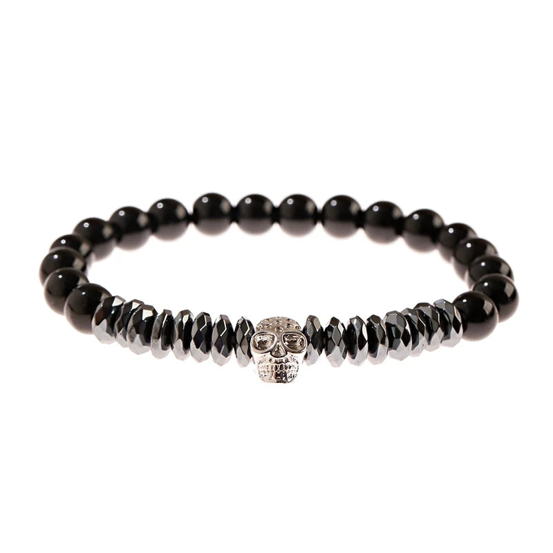 Luxury Men Stone Beads Skull Erkek Bileklik Bracelet Set Black CZ Crown Copper Bracelets For Women Pulseras Mujer