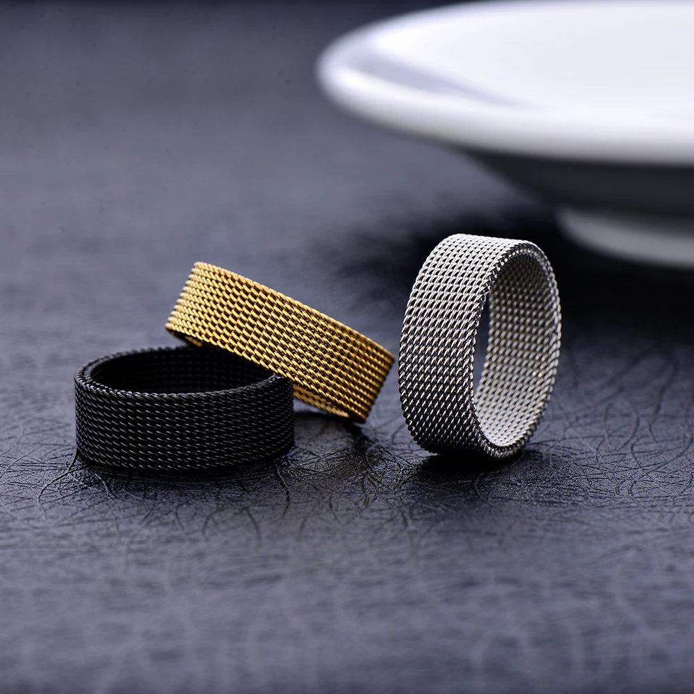Hot sale width 8MM stainless steel gold black color mesh finger ring fashion jewelry for men and women Size 7-10# drop