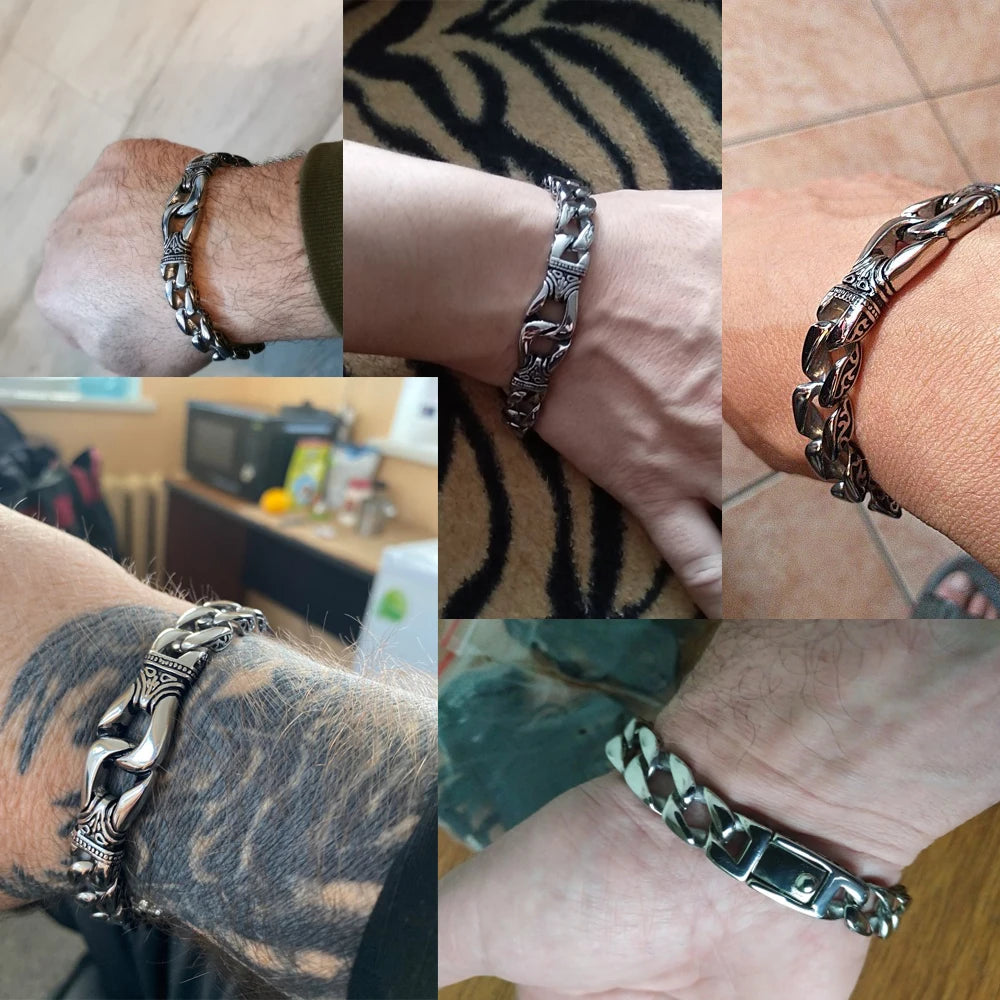 Vintage Solid Stainless Steel Charm Man Bracelet for Men Totem Chain Men‘s Bracelets On Hand Bands Viking Jewelry