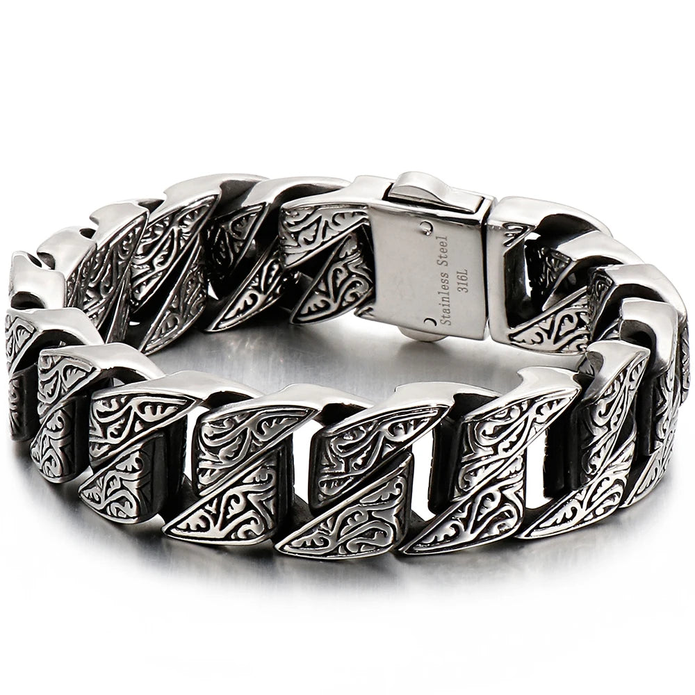 Heavy 316L Stainless Steel Men's Bracelet Vintage Pattern Link Chain Hand Bracelets for Man Massive Male Jewelry