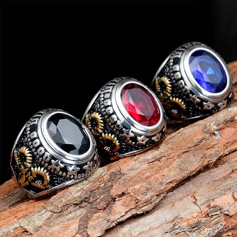 Vintage Gothic Style Big Black Red Blue Stone Ring For Men And Women Stainless Steel All Seeing Eyes Ring Baphomet Pagan Jewelry