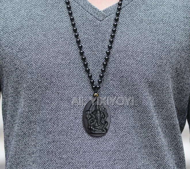 Black Obsidian Elephant Buddha Wealth Necklace — Black-Tone